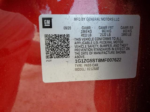 1G1ZG5ST8MF007622 - 2021 CHEVROLET MALIBU RS RED photo 12