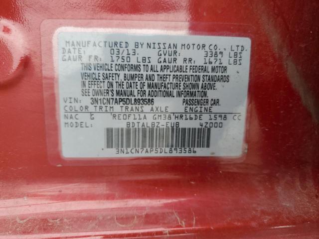 3N1CN7AP5DL893586 - 2013 NISSAN VERSA S RED photo 13