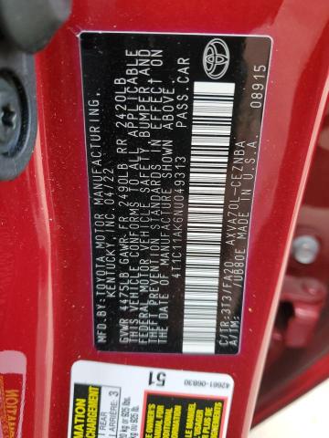 4T1C11AK6NU049313 - 2022 TOYOTA CAMRY LE RED photo 12