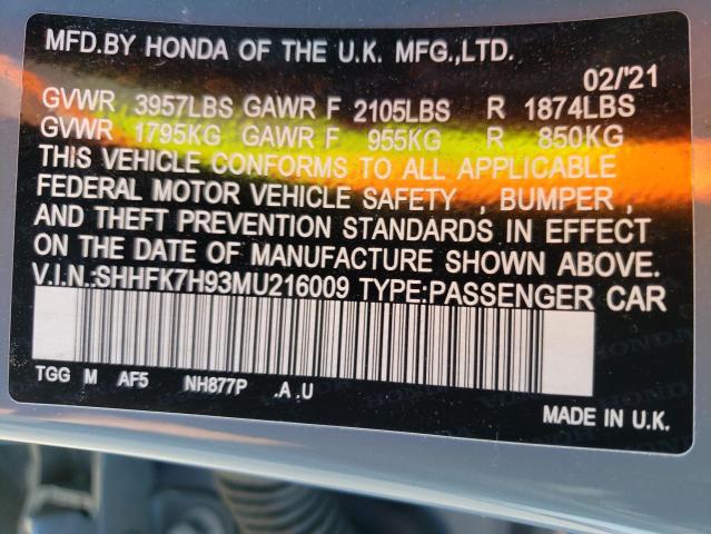 SHHFK7H93MU216009 - 2021 HONDA CIVIC SPORT TOURING ვერცხლისფერი ფოტო 12