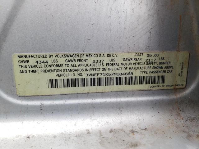 3VWEF71K57M184868 - 2007 VOLKSWAGEN JETTA WOLFSBURG 银色 照片 12