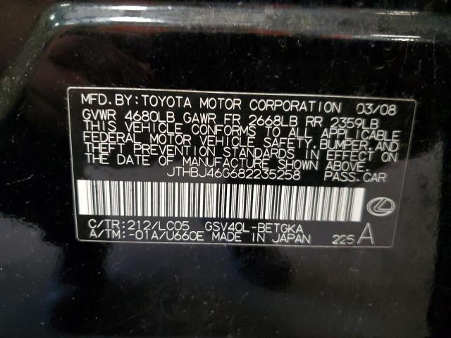 JTHBJ46G682235258 - 2008 LEXUS ES 350 BLACK photo 12