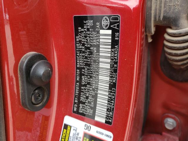 2T1BURHEXJC071201 - 2018 TOYOTA COROLLA L RED photo 12