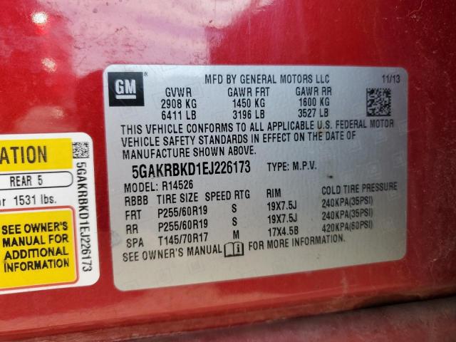 5GAKRBKD1EJ226173 - 2014 BUICK ENCLAVE RED photo 13