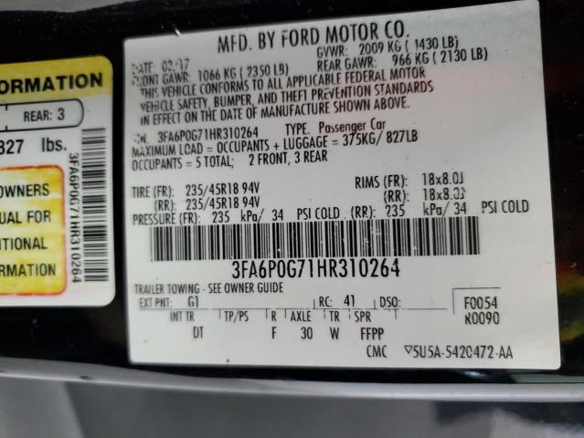 3FA6P0G71HR310264 - 2017 FORD FUSION S BLACK photo 12