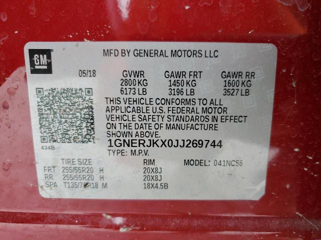 1GNERJKX0JJ269744 - 2018 CHEVROLET TRAVERSE RS RED photo 13