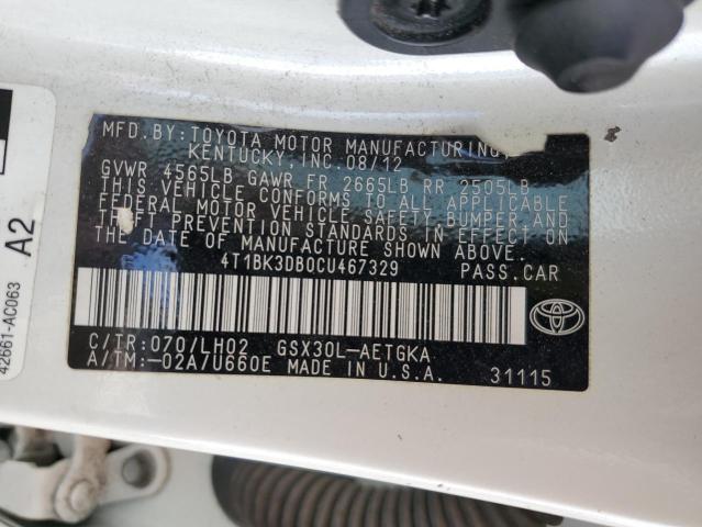 4T1BK3DB0CU467329 - 2012 TOYOTA AVALON BASE 白色 照片 12