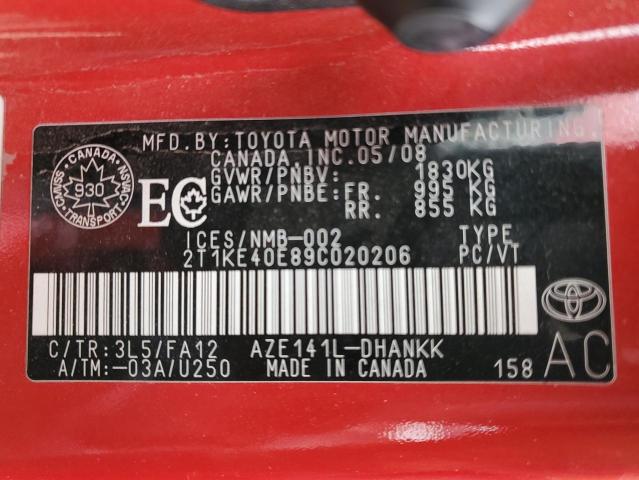 2T1KE40E89C020206 - 2009 TOYOTA MATRIX S Կարմիր լուսանկար 12