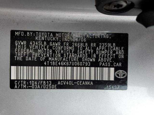 4T1BE46K67U060793 - 2007 TOYOTA CAMRY CE SILVER photo 12