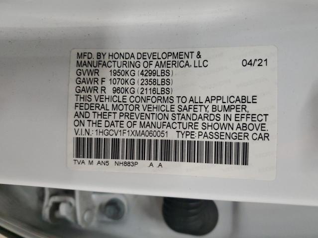 1HGCV1F1XMA060051 - 2021 HONDA ACCORD LX WHITE photo 12