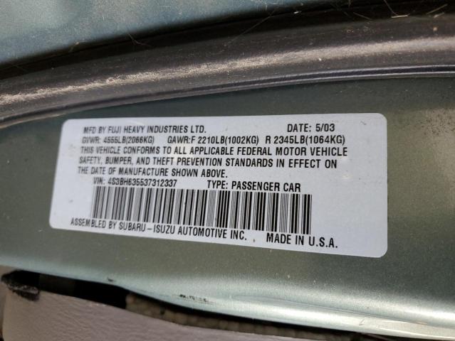 4S3BH635537312337 - 2003 SUBARU LEGACY L GREEN photo 12