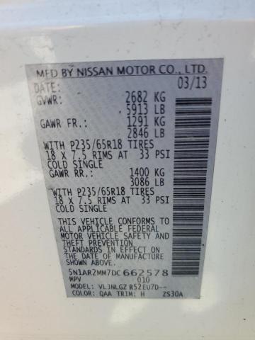 5N1AR2MM7DC662578 - 2013 NISSAN PATHFINDER S WHITE photo 13