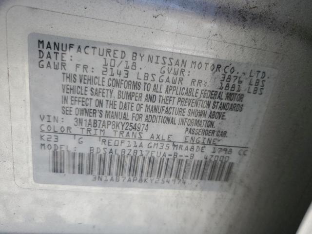 3N1AB7AP8KY254974 - 2019 NISSAN SENTRA S 银色 照片 13