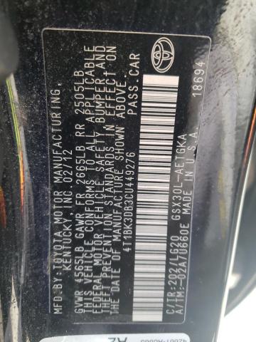 4T1BK3DB3CU449276 - 2012 TOYOTA AVALON BASE 黑色 照片 12
