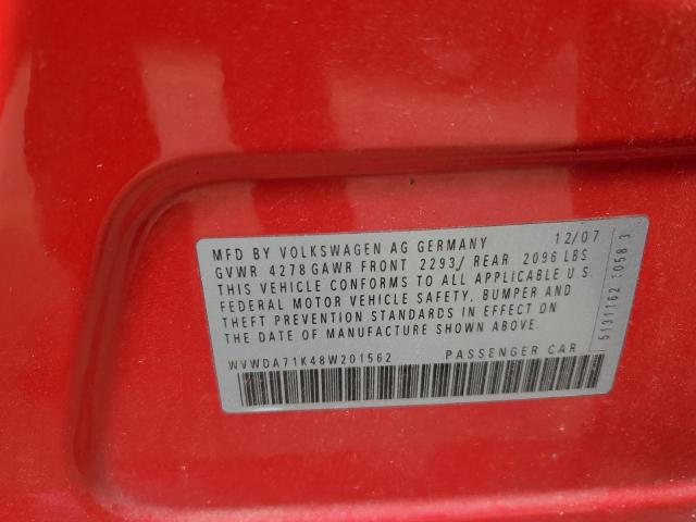 WVWDA71K48W201562 - 2008 VOLKSWAGEN RABBIT RED photo 12