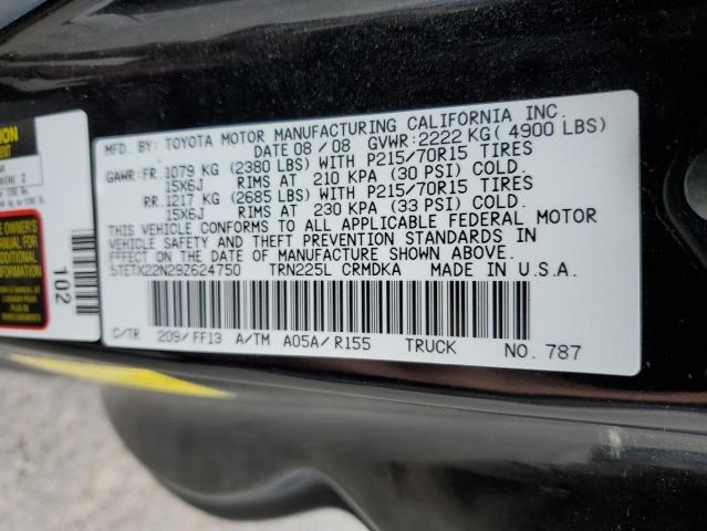 5TETX22N29Z624750 - 2009 TOYOTA TACOMA ACCESS CAB Қара фото 12