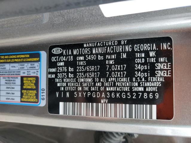 5XYPGDA36KG527869 - 2019 KIA SORENTO L GRAY photo 13