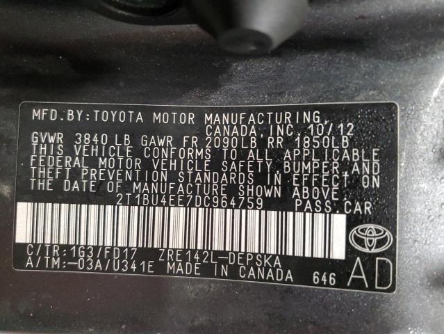 2T1BU4EE7DC964759 - 2013 TOYOTA CORROLA BASE CHARCOAL photo 12