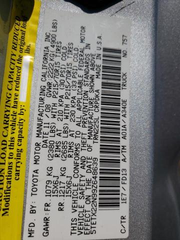 5TETX22N99Z648639 - 2009 TOYOTA TACOMA ACCESS CAB ვერცხლისფერი ფოტო 12