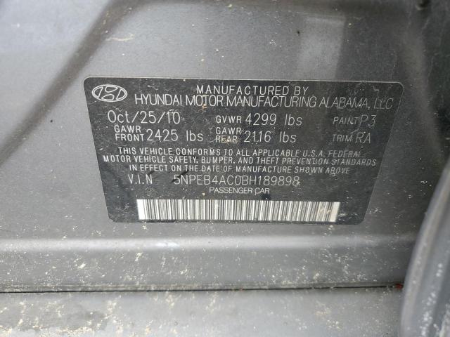 5NPEB4AC0BH189898 - 2011 HYUNDAI SONATA GLS GRAY photo 12