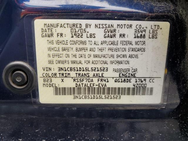 3N1CB51D15L521523 - 2005 NISSAN SENTRA 1.8 BLUE photo 12