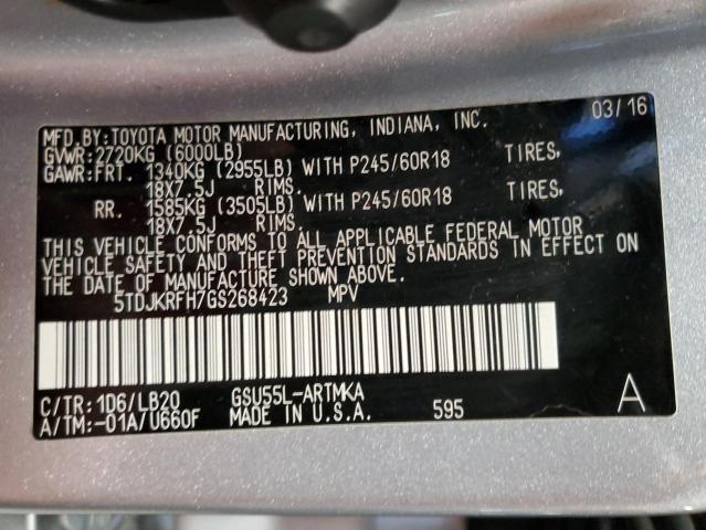 5TDJKRFH7GS268423 - 2016 TOYOTA HIGHLANDER XLE SILVER photo 13