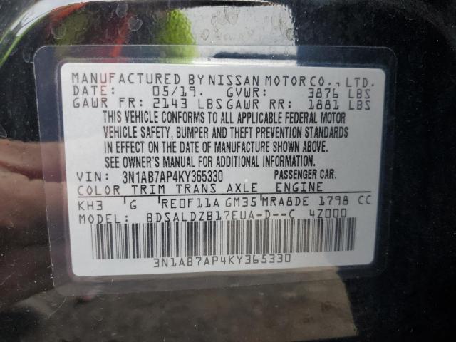 3N1AB7AP4KY365330 - 2019 NISSAN SENTRA S BLACK photo 12