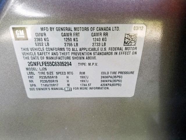 2GNFLFE55C6305294 - 2012 CHEVROLET EQUINOX LTZ  photo 10