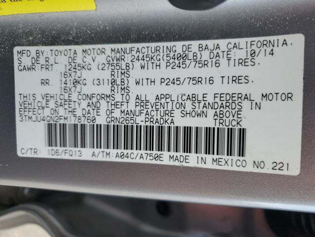 3TMJU4GN2FM178760 - 2015 TOYOTA TACOMA DOUBLE CAB PRERUNNER SILVER photo 12