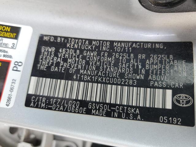 4T1BK1FKXCU002283 - 2012 TOYOTA CAMRY SE SILVER photo 12