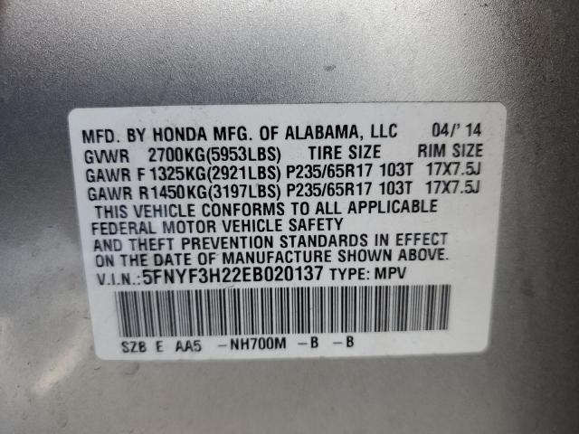 5FNYF3H22EB020137 - 2014 HONDA PILOT LX SILVER photo 13