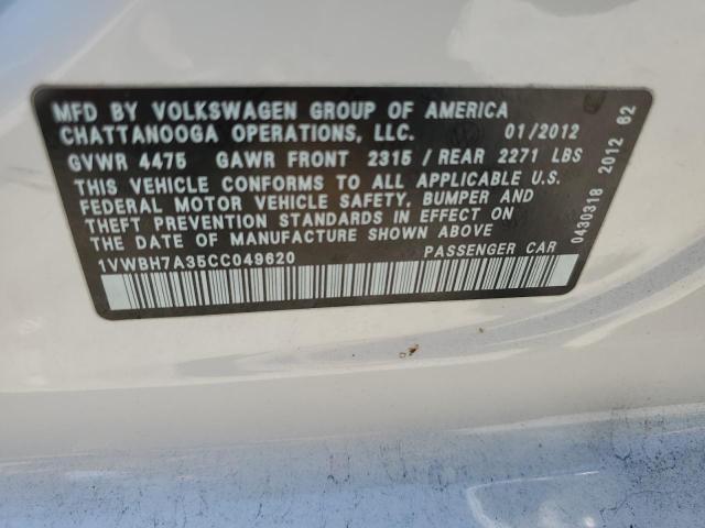 1VWBH7A35CC049620 - 2012 VOLKSWAGEN PASSAT SE WHITE photo 13