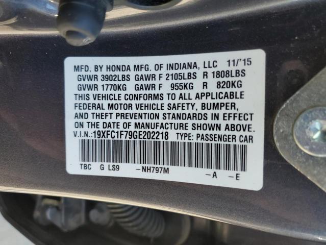 19XFC1F79GE202218 - 2016 HONDA CIVIC EXL ნაცრისფერი ფოტო 13