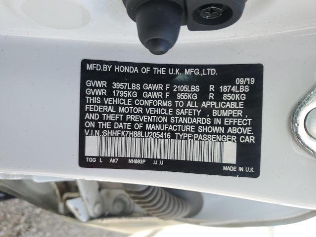 SHHFK7H88LU205416 - 2020 HONDA CIVIC EXL WHITE photo 12