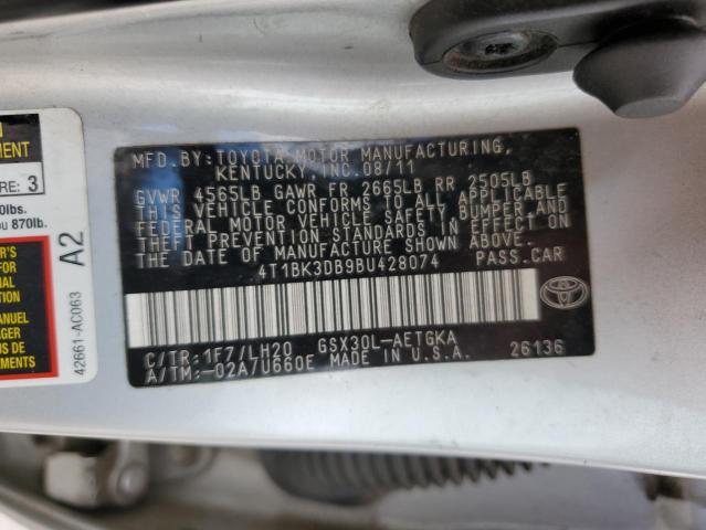 4T1BK3DB9BU428074 - 2011 TOYOTA AVALON BASE SILVER photo 12