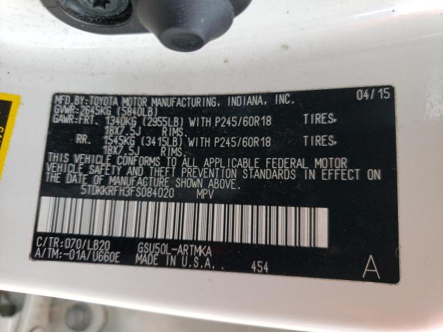 5TDKKRFH3FS084020 - 2015 TOYOTA HIGHLANDER XLE WHITE photo 14