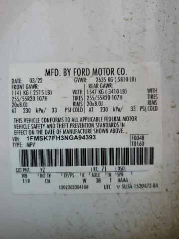 1FMSK7FH3NGA94393 - 2022 FORD EXPLORER LIMITED WHITE photo 13