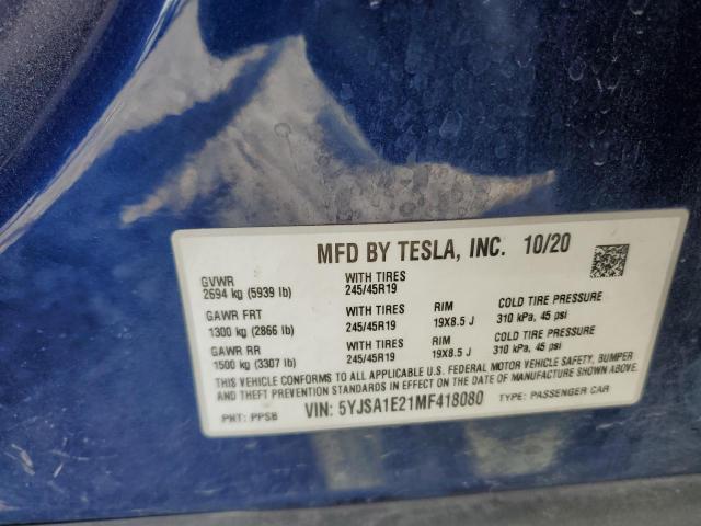 5YJSA1E21MF418080 - 2021 TESLA MODEL S BLUE photo 12