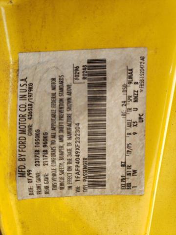 1FAFP4049XF232304 - 1999 FORD MUSTANG YELLOW photo 12