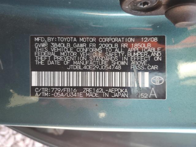 JTDBL40E29J054748 - 2009 TOYOTA COROLLA BASE GREEN photo 12