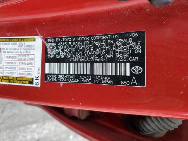 JTNBE46K673066874 - 2007 TOYOTA CAMRY CE RED photo 13