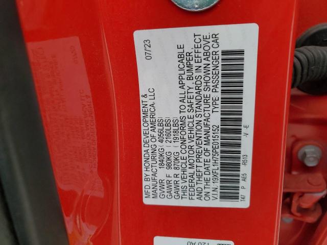 19XFL1H75PE015152 - 2023 HONDA CIVIC EXL წითელი ფოტო 12