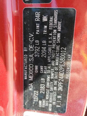 3KPF24AD2PE580012 - 2023 KIA FORTE LX RED photo 13