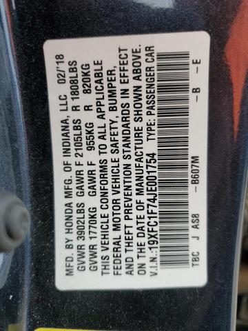 19XFC1F74JE001754 - 2018 HONDA CIVIC EXL BLUE photo 12