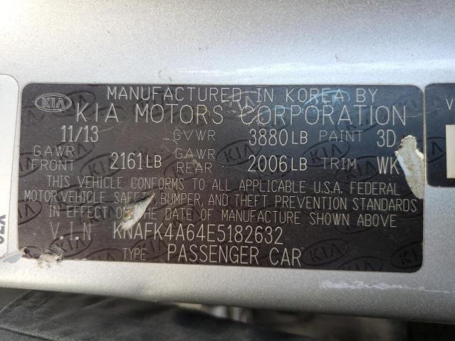 KNAFK4A64E5182632 - 2014 KIA FORTE LX SILVER photo 12