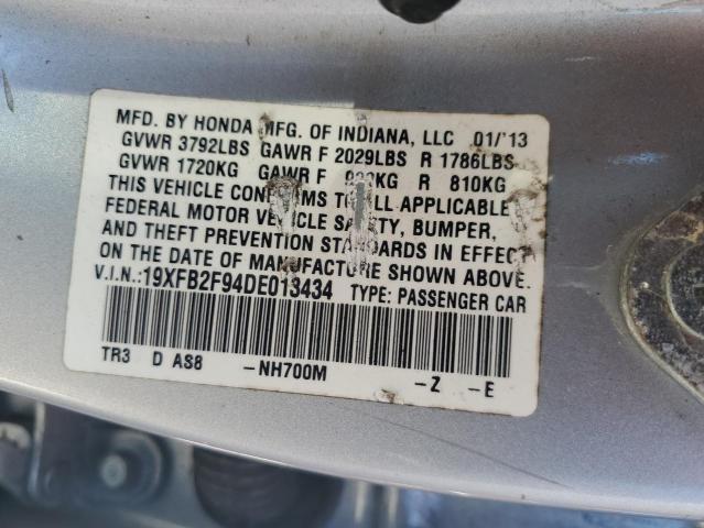 19XFB2F94DE013434 - 2013 HONDA CIVIC EXL ვერცხლისფერი ფოტო 12