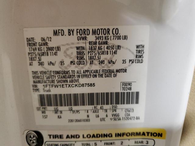 1FTFW1ETXCKD87585 - 2012 FORD F150 SUPERCREW WHITE photo 12