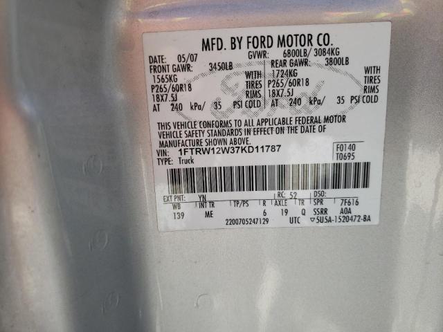 1FTRW12W37KD11787 - 2007 FORD F150 SUPERCREW SILVER photo 12