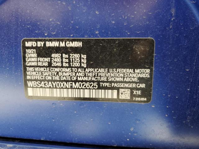 WBS43AY0XNFM02625 - 2022 BMW M3 COMPETITION BLUE photo 13