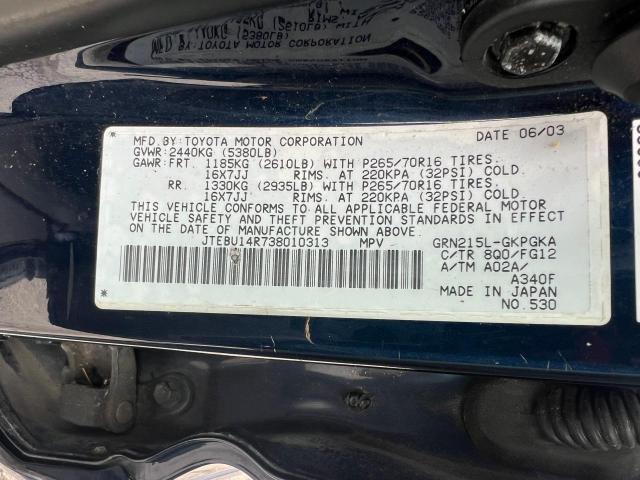 JTEBU14R738010313 - 2003 TOYOTA 4RUNNER SR5 BLUE photo 10